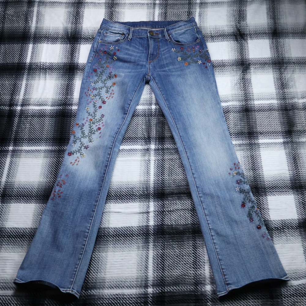 Driftwood Jackie Floral Embroidered Flare Jeans Blue Med Wash Womens 27 29x31.5"